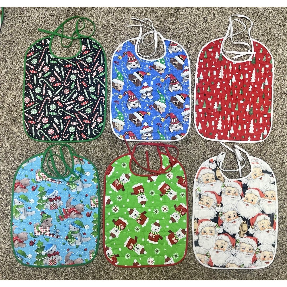 Handmade Christmas Baby Bibs Lot 6 Quilted Cotton Santa Dogs Candy‎ Cane